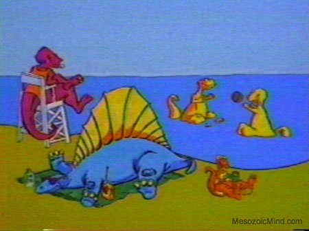 Assorted Dinosaurs playing on the beach, including a Dimetrodon lying on a towel and a Corythosaurus playing in the sand.